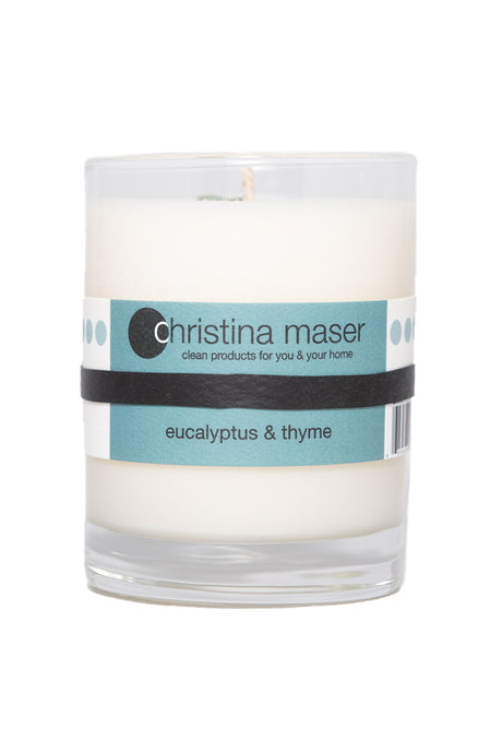 Christina Maser Co. Eucalyptus & Thyme Soy Wax Candle 10 oz. glass tumbler.