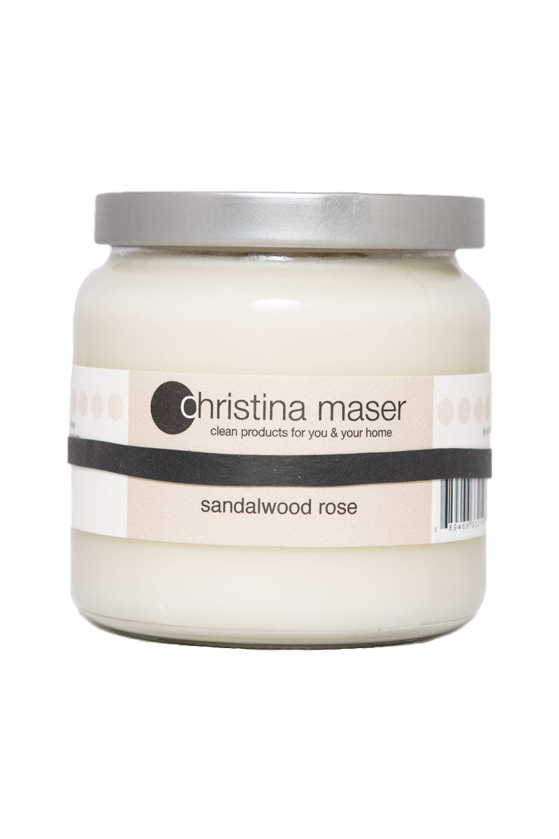 Christina Maser Co. Sandalwood Rose Soy Wax Candle 16 oz glass jar.